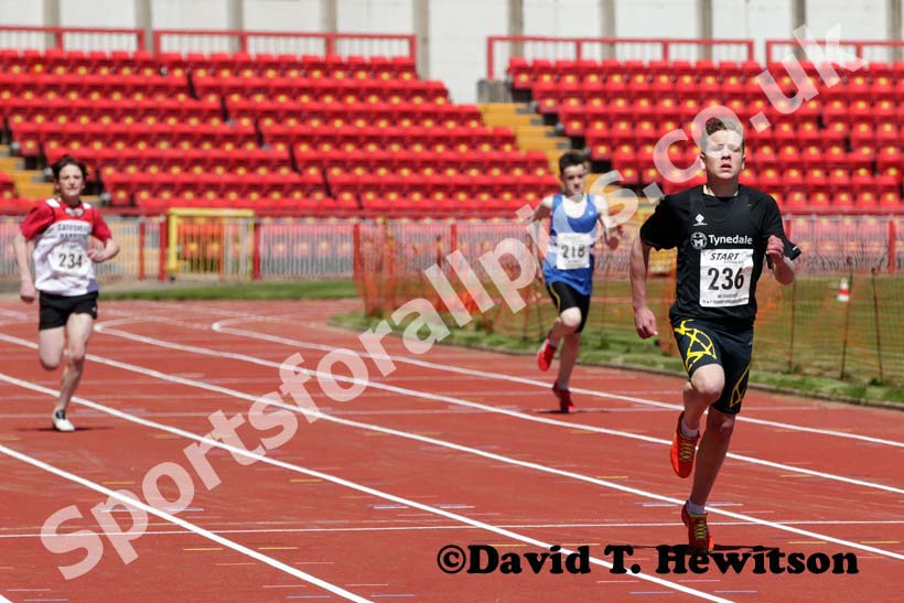 Joe Hughes (Tynedale) wins the under-15s 300 metres.